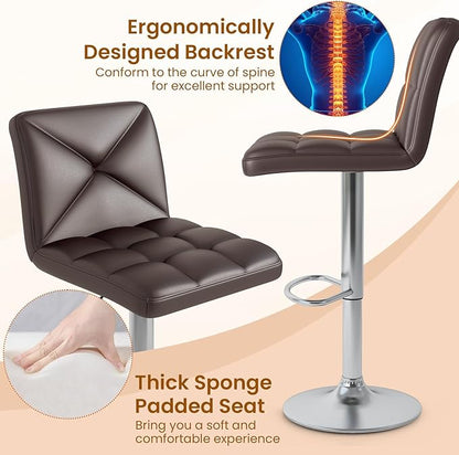 COSTWAY Bar Stools Set of 4, Modern PU Leather Swivel Bar Chairs, Height Adjustable Upholstered Barstools with Premium Gas Rod, Sturdy Footrest, Round Base, for Kitchen, Dining Room, Office,Brown