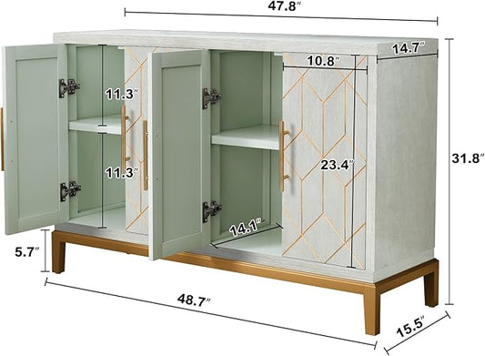 HLR 48" Accent Cabinet with 4 Doors and Shelves, Modern Credenza Storage Cabinet with Gold Trim, Green Buffet Cabinet for Living Room, Kitchen, Dining Room, Hallway