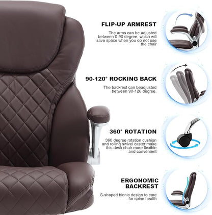 Leather Executive Office Chair, High Back Ergonomic Office Desk Chairs with Wheels, 90-120° Rocking Managerial Chair Home Computer Chairs with Flip-up Armr and Lumbar Support(Dark Brown)
