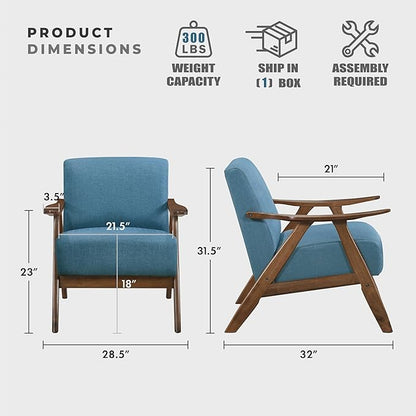 Lexicon Mid Century Modern Accent Chair with Solid Wood Frame in Walnut Finish, Upholstered Living Room Lounge Arm Chair, Thick and Comfy Innerspring Seat Cushion, Linen-Look Fabric, Blue