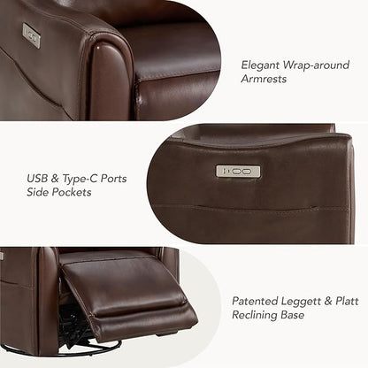 Watson & Whitely Genuine Leather Power Recliner Chairs for Adults, Swivel Glider Recliner Chair for Living Room with Charging Ports, Dark Brown