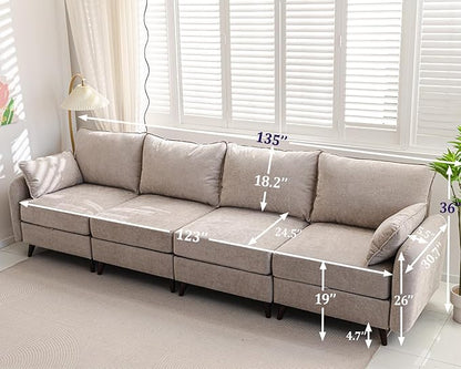 135'' Modular Sectional Sofa with All Seats Storage,Oversized 4-Seater Comfy Cloud Couches with Deep Seat,Big Couch for Living Room,Bedroom,Velet,Khaki