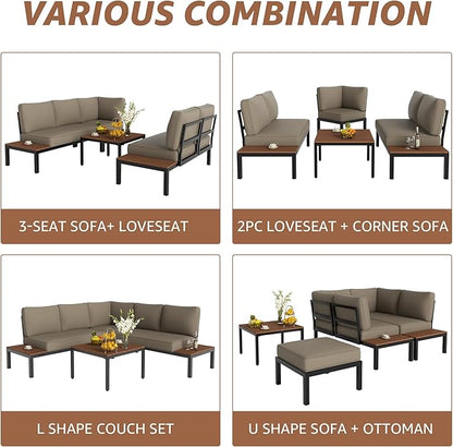 NATURAL EXPRESSIONS Patio Furniture Sets, Metal Outdoor Sectional L Shape Corner Sofa Outdoor Couch with Detachable Backrest,3 Fauxwood Tables,Black Frame,Shale Olefin Cushions for Yard,Garden