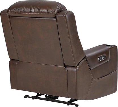 Watson & Whitely Oversized Genuine Leather Power Recliner Chairs for Big and Tall, Extra Wide Lay Flat Recliner with Power Headrest & Cup Holders, Electric Reclining Sofa for Living Room, Dark Brown