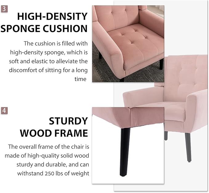 Dolonm Midcentury Modern Velvet Accent Chair with Arms, Upholstered Reading Side Chair Tufted Back Decorative Wingback Chair for Living Room Bedroom (Pink)