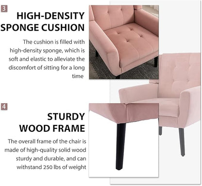 Dolonm Midcentury Modern Velvet Accent Chair with Arms, Upholstered Reading Side Chair Tufted Back Decorative Wingback Chair for Living Room Bedroom (Pink)