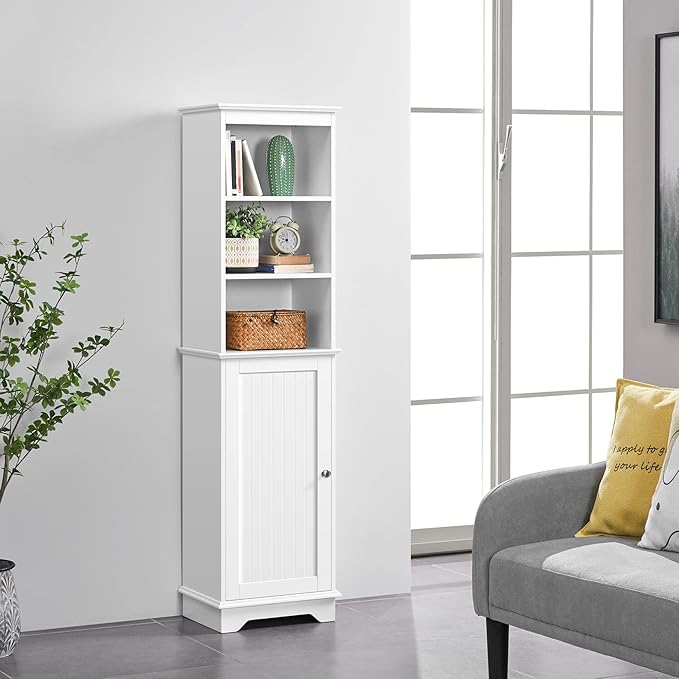 Yaheetech Tall Slim Storage Cabinet with 3 Shelves & Door, Freestanding Linen Cabinet for Bathroom, Living Room, Entryway, 16 x 12 x 60.5 Inches, White