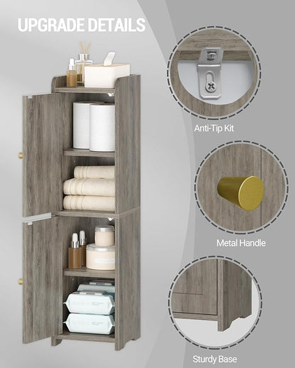 Bathroom Storage Cabinet, Corner Floor Cabinet with 2 Doors and Adjustable Shelf, Narrow Toilet Paper Cabinets, Bathroom Organizer for Small Spaces, 7.9" D x 7.9" W x 29.5" H Greige