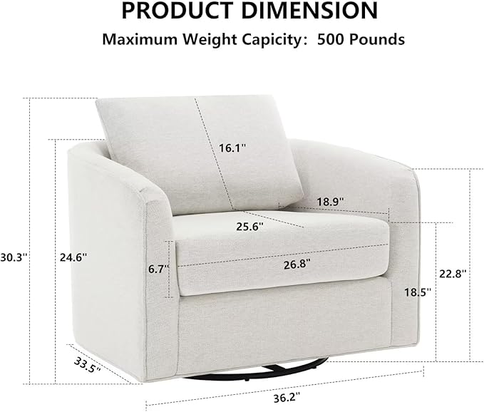 MINCETA Oversized Accent Chair for Living Room, 360° Swivel Barrel Chair with High Density Foam, Modern Reading Chair with Performance Fabric Upholstered Armchair for Apartment, Bedroom White