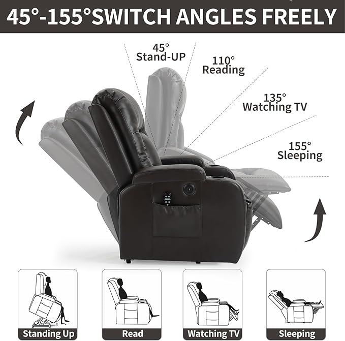 PELUMY Manual Lift Recliner Chair for Elderly with Massage & Heat, Oversized Heavy Duty 350 lbs Recliner with Cup Holders & USB Ports, Infinite Positioning Lift Chair (Breathable Leather, Dark Brown)