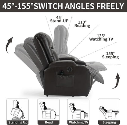PELUMY Manual Lift Recliner Chair for Elderly with Massage & Heat, Oversized Heavy Duty 350 lbs Recliner with Cup Holders & USB Ports, Infinite Positioning Lift Chair (Breathable Leather, Dark Brown)