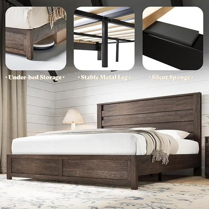 AMERLIFE Farmhouse King Platform Bed Frame with 49" Fluted Headboard, Wooden Bed with Natural Grain Finish, Noise-Free, No Box Spring Required, Easy Assembly, Grey