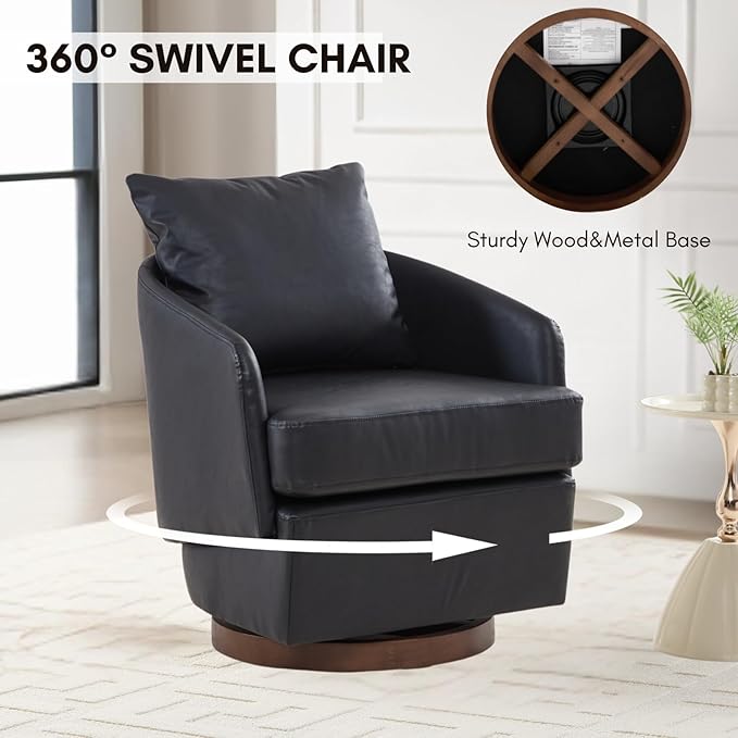 CIMOTA PU Leather Swivel Accent Chairs Set of 2, Modern Barrel Armchairs with 360° Swivel Base and Pillow, Upholstered Club Chairs for Living Room/Reading/Office, Black