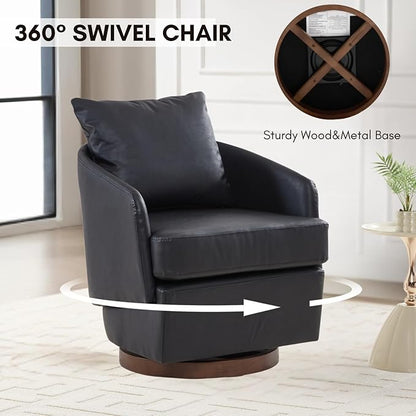 CIMOTA PU Leather Swivel Accent Chair, Modern Barrel Armchair with 360° Swivel Base and Pillow, Upholstered Club Chair for Living Room/Reading/Office, Black