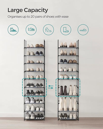 SONGMICS Shoe Rack, 10-Tier Shoe Shelf, Shoe Storage Organizer, 11 x 17.7 x 68 Inches, Metal Frame, Non-Woven Fabric Shelves, for Entryway, Bedroom, Gray ULSH010G01