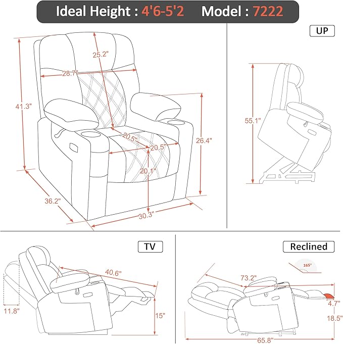 MCombo Small Size Triple Motor Power Lift Recliner Chair Sofa with Massage and Dual Heating, Adjustable Headrest for Elderly People Petite, USB Ports, Extended Footrest, Fabric 7222 (Coffee)