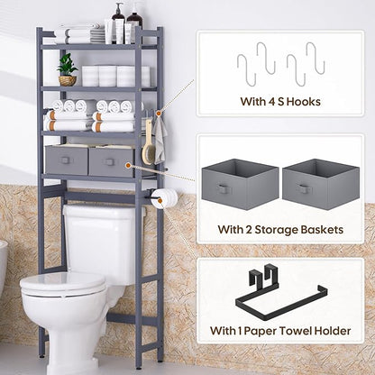Over The Toilet Storage with 2 Baskets, 4-Tier Bamboo Organizer Rack with Paper Holder & 4 Hooks & Waterproof Feet Pad,Freestanding Shelf for Bathroom(Grey)