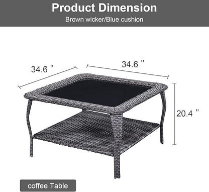 HUMMUH 8 Piece Patio Furniture PE Wikcer Outdoor Furniture Set with Sectional Sofa Swivel Patio Chairs Ottomans and Glass Coffee Table for Yard,Garden,Lawn