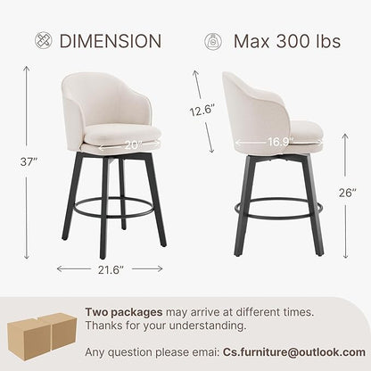 Counter Height Barstools 26 inch Upholstered Swivel Bar Stools with Back and Wood Legs for Kitchen Island,Set of 3,Beige Fabric