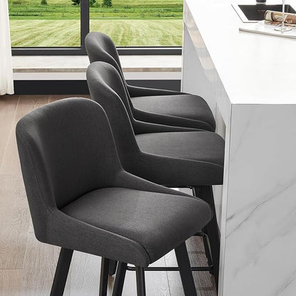 Swivel Counter Height Bar Stools Set of 3, 26''H Upholstered Barstools with Backs, Modern Bar Stool Chairs for Kitchen Island, Metal Legs, Fabric, Black Grey Stools Counter Chair