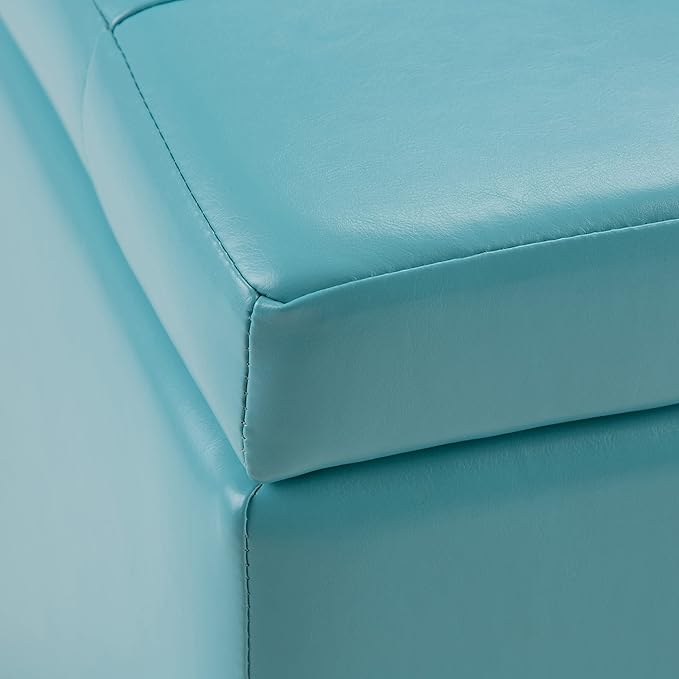 SIMPLIHOME Cosmopolitan 34 inch Wide Transitional Rectangle Storage Ottoman in Soft Blue Vegan Faux Leather, Assembled, For the Living Room, Entryway and Family Room