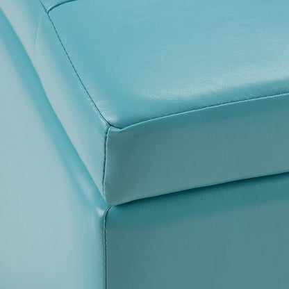 SIMPLIHOME Cosmopolitan 34 inch Wide Transitional Rectangle Storage Ottoman in Soft Blue Vegan Faux Leather, Assembled, For the Living Room, Entryway and Family Room