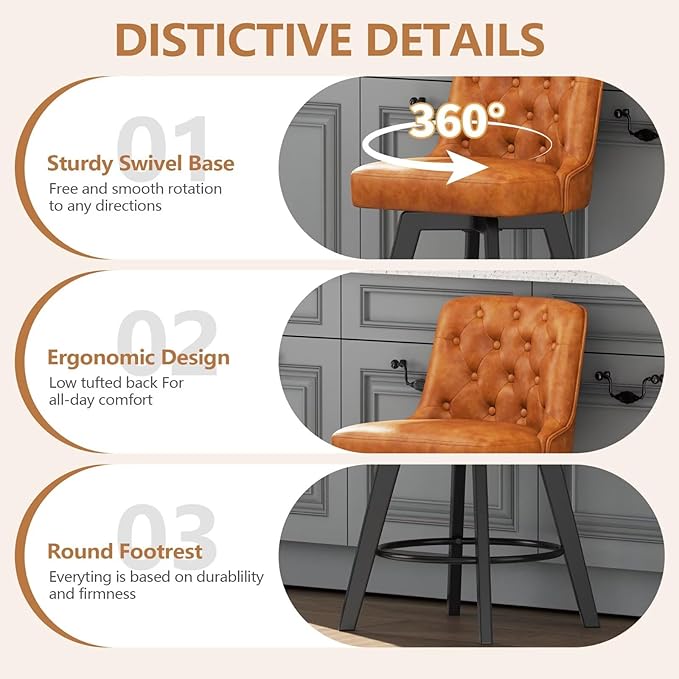 MINCETA Bar Stools Set of 2, PU Leather Barstools, 26 Inch Upholstered Counter Stools with Low Tufted Back and Footrest, Swivel Counter Height Barstools for Kitchen Island Home Bar Brown