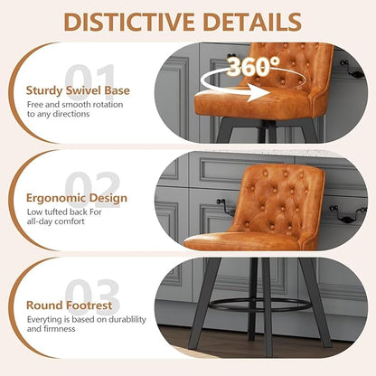 MINCETA Bar Stools Set of 2, PU Leather Barstools, 26 Inch Upholstered Counter Stools with Low Tufted Back and Footrest, Swivel Counter Height Barstools for Kitchen Island Home Bar Brown