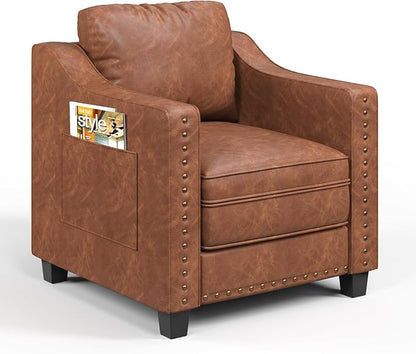Faux Leather Accent Chair Set of 2 for Living Room, 30 Inches Barrel Upholstered Armchair, Cozy Mid Century Modern Club Arm Chair Single Sofa for Bedroom, Apartment, Reading Room, Brown