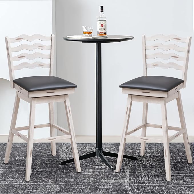 COSTWAY Bar Stools Set of 4, 29” 360° Swivel Bar Height Chairs with Rubber Wood Frame, Cushioned Seat, Ergonomic Backrest & Footrest, Wooden Upholstered Barstools for Kitchen Island (4, 29”)