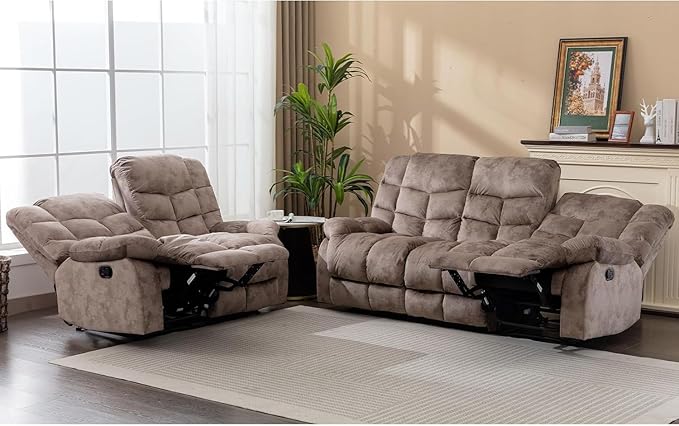 EBELLO Reclining Sofa Furniture Set, Loveseat Recliner Sofa and 3PC Bonded Manual Recliner Set for Living Room, Light Brown(Loveseat+Sofa)