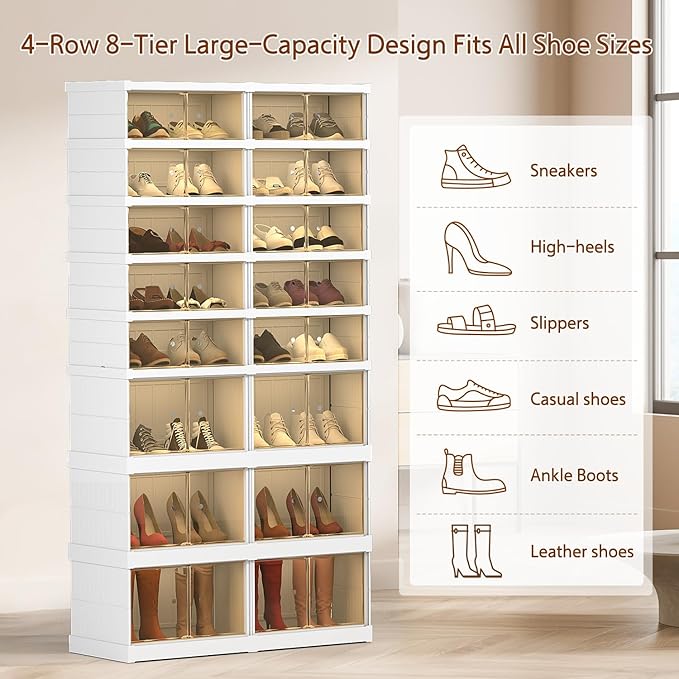 Collapsible Shoe Storage Organizer: Stackable and Large Plastic Foldable Shoe Cabinet Organizer with Magnetic Clear Door - Sneaker Boots Shoes Boxes Shoes Rack for Entryway Closet