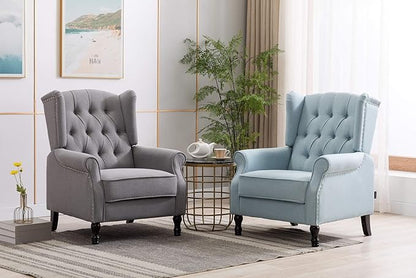Artechworks Winged Fabric Modern Accent Chair Tufted Arm Club Chair Linen Single Sofa with Wooden Legs Comfy Upholstered for Reading Living Room Bedroom Office,Grey