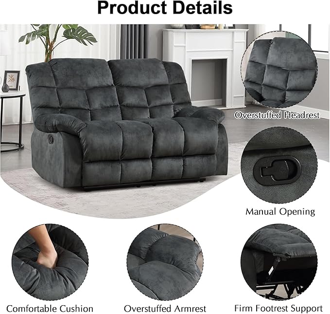 CANMOV Manual Loveseat Recliner, 2 Seat Recliner Sofa Chair with Armrest and Overstuffed Backrest, Couch Set for Living Room, Bedroom, Office, Grey