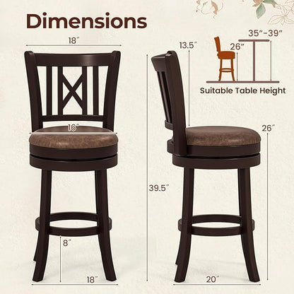 COSTWAY Bar Stools Set of 2, 26” Swivel Bar Chairs with Footrest, Rubber Wood Frame & Hollowed Backrest, Leathaire Counter Height Stools, Padded Counter Stools for Kitchen Island & Pub (2, 26'')