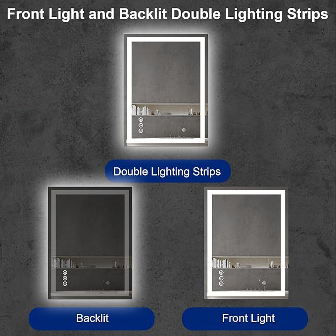 Awoco 24''x32'' LED Bathroom Mirror with Light, Lighted Vanity Mirror with Backlit and Front Light, Dimmable Anti-Fog Memory Function Lighted Mirror with 3 Colors for Bathroom Wall