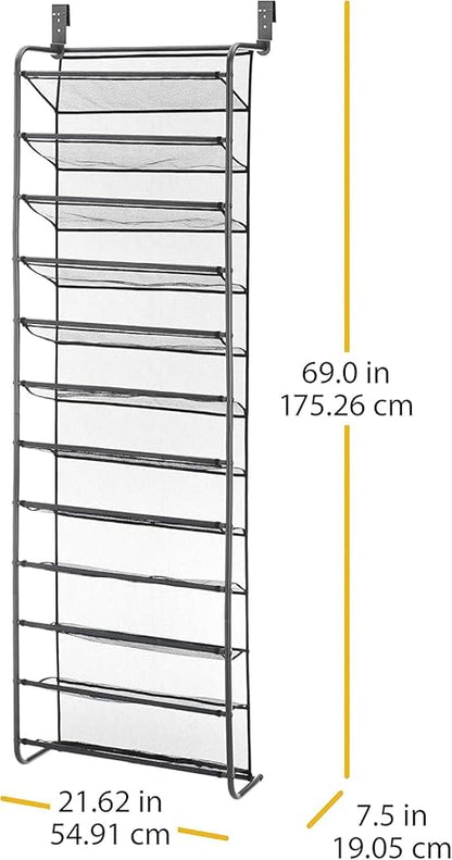 Whitmor 36 Pair Over The Door Shoe Rack, 12 Tier Hanging Shoe Organizer, Heavy Duty Metal & Mesh Shoe Holder, Hanging Shoe Rack for Closet Organizer & Storage, 69" L x 21.7" W x 7.5" H, Gunmetal Gray
