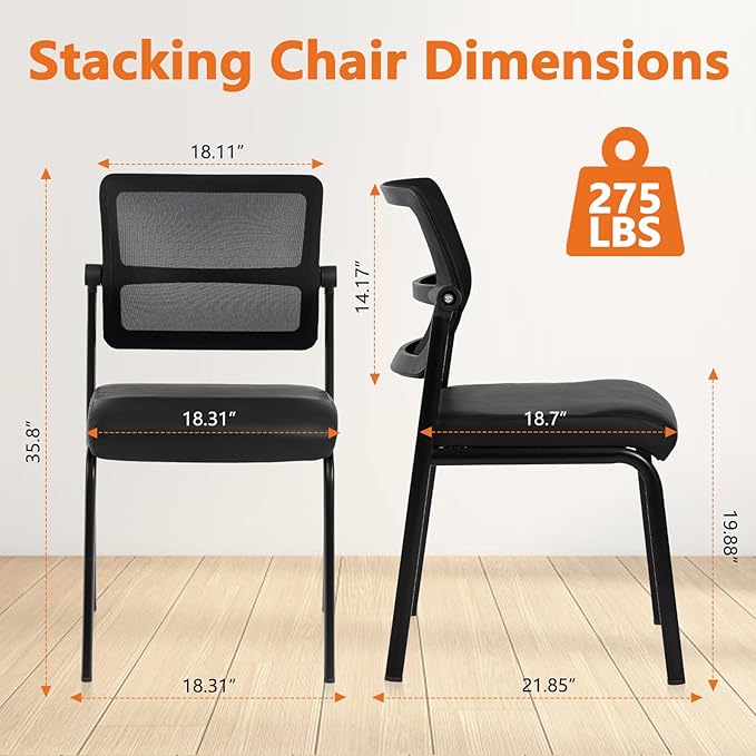 CLATINA Stackable Waiting Room Chair with Adjustable Mesh Backrest, Armless Office Guest Reception Chairs with Leather Cushion and Ergonomic Lumbar Support for Conference Lobby Side School, 8PK, Black