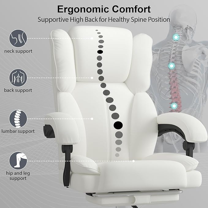 Big and Tall Office Chair, Executive Home Office Desk Chair, Leather Computer Chair with Retractable Footrest, Adjustable Headrest and Reclining Height, Padded Arms, 360°Swivel Free, Wide Seat, White