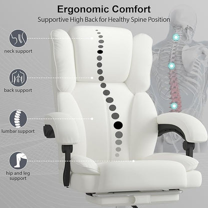 Big and Tall Office Chair, Executive Home Office Desk Chair, Leather Computer Chair with Retractable Footrest, Adjustable Headrest and Reclining Height, Padded Arms, 360°Swivel Free, Wide Seat, White