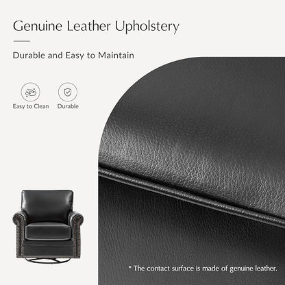 HULALA HOME Swivel Accent Chair Genuine Leather Barrel Rocker Chair with Metal Base Transitional Armchair Padded Round Armrest Set of 2, Black