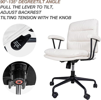 White Leather Desk Chair with Arms,Modern Office Chair with Lumbar Support,Removable Armrests, Height-Adjustable Swivel Medium Computer Chair for Home, Office, Dresser, Bedroom