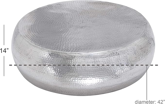 Deco 79 Aluminum Metal Living Room Coffee Table Drum Shaped Table with Hammered Design, Center Table 42" x 42" x 14", Silver