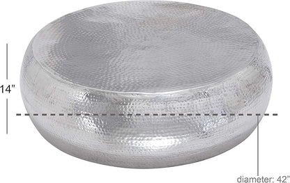 Deco 79 Aluminum Metal Living Room Coffee Table Drum Shaped Table with Hammered Design, Center Table 42" x 42" x 14", Silver