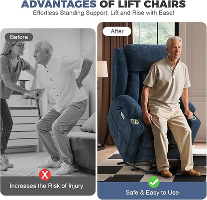 HUSFU Oversized Power Lift Recliner Chairs for Elderly with Massage and Heat, Wide Recliners Chair,Upgraded Chenille Lift Chairs w/Cup Holders, USB & Type-C Ports,Blue,2PCS