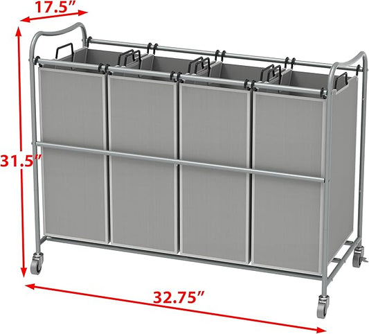 Simple Houseware 4-Bag Heavy Duty Laundry Sorter Rolling Cart, Silver