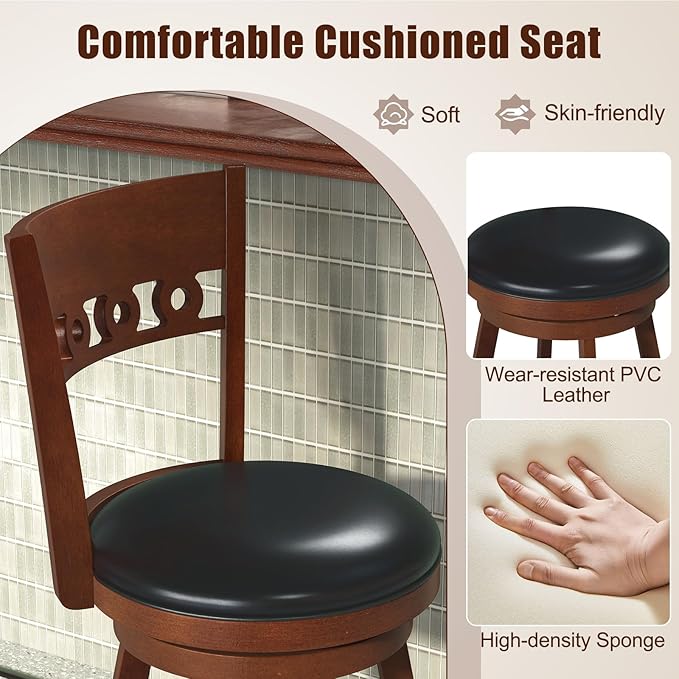COSTWAY Bar Stools Set of 4, 24.5” Counter Height Bar stools with Solid Wood Legs, Cushioned Seat, Footrest, for Home, Kitchen Island, Bar (4, 24.5'' Seat Height)