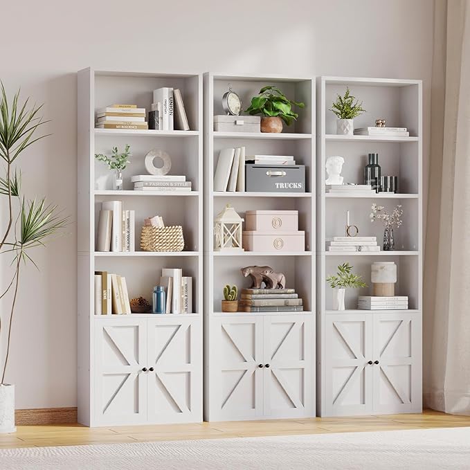 MXV 6-Tier Bookshelf and Bookcase Set of 2, Wooden Bookshelves with Cabinet Doors, Floor Bookshelves and Office Storage Cabinets for Home Office, Living Room (White 2 Pack, 6-Tier)