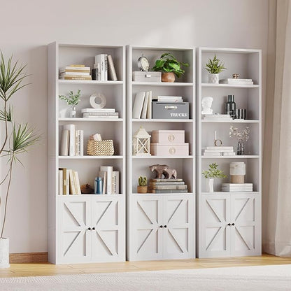 MXV 6-Tier Bookshelf and Bookcase Set of 2, Wooden Bookshelves with Cabinet Doors, Floor Bookshelves and Office Storage Cabinets for Home Office, Living Room (White 2 Pack, 6-Tier)