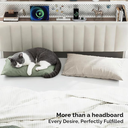 VINGLI Full Size Headboard Only, Adjustable Upholstered Headboard with 2 Tier Shelves and Pegboard with Charging Stations and LED Lights, Modern Bed Headboard with Storage for Bedroom Decor